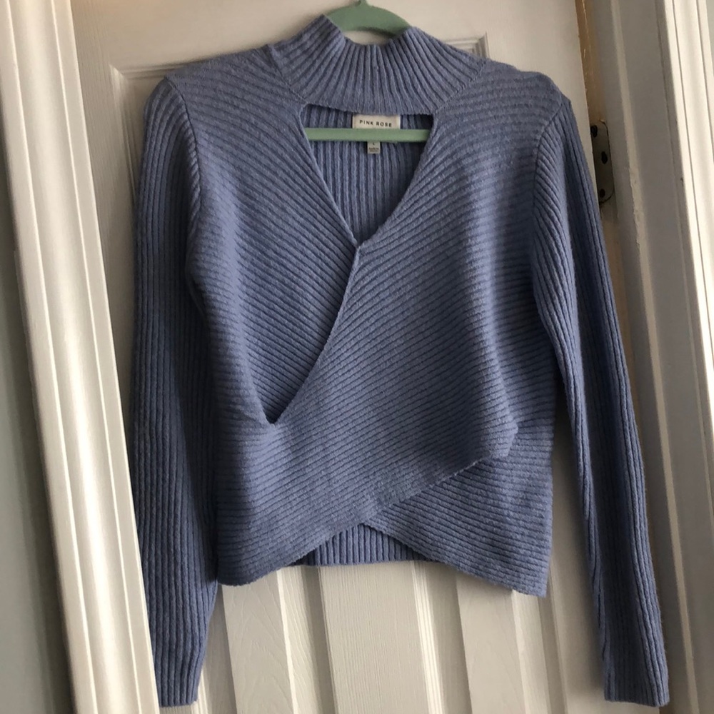 Pink Rose Turtleneck Cut-out Criss Cross Long Sleeve Cropped Sweater Light Blue
